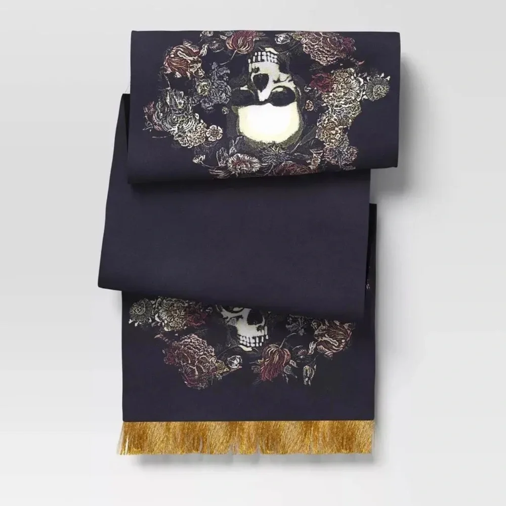 Velvet black skull and floral table runner with gold tassels by Threshold NWT